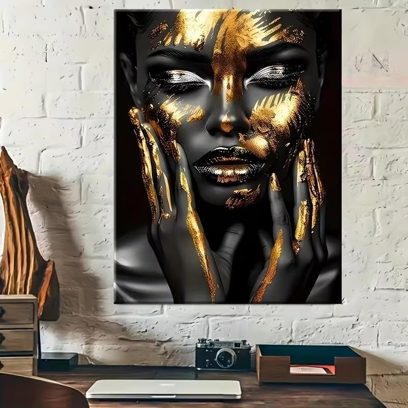 Póster y láminas de mujer en negro y dorado, cuadro sobre lienzo, arte de pared para la decoración del hogar en la sala de estar (50x70cm/Con marco)