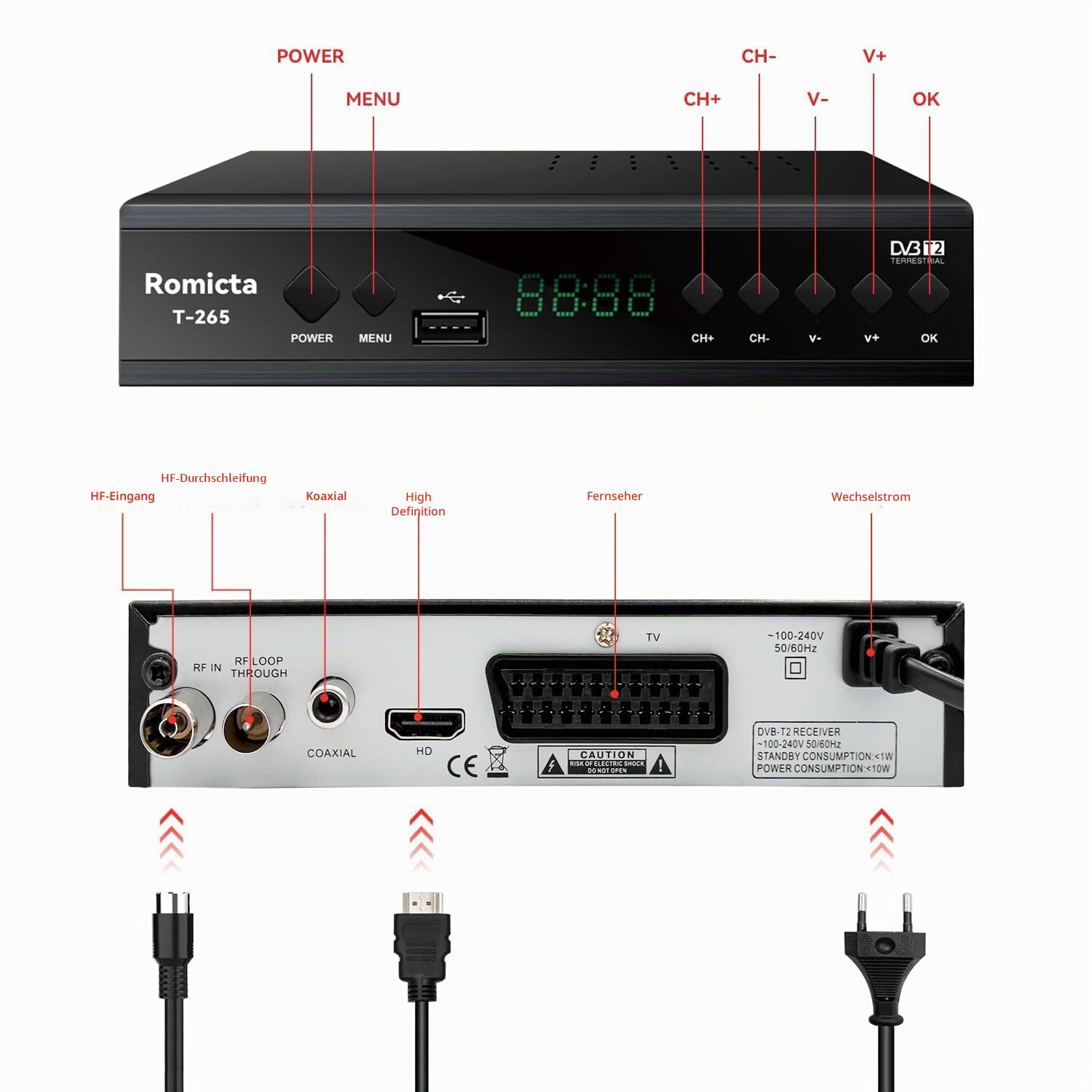 Romicta DVB-T2 Receiver & Kabel-Receiver DVB-C – H.265 HEVC FTA Full HD 1080P, PVR, USB, HDMI, Timeshift, SCART, Digitaler Terrestrischer TV-Tuner, Keine Unterstützung für Freenet TV und Satelliten