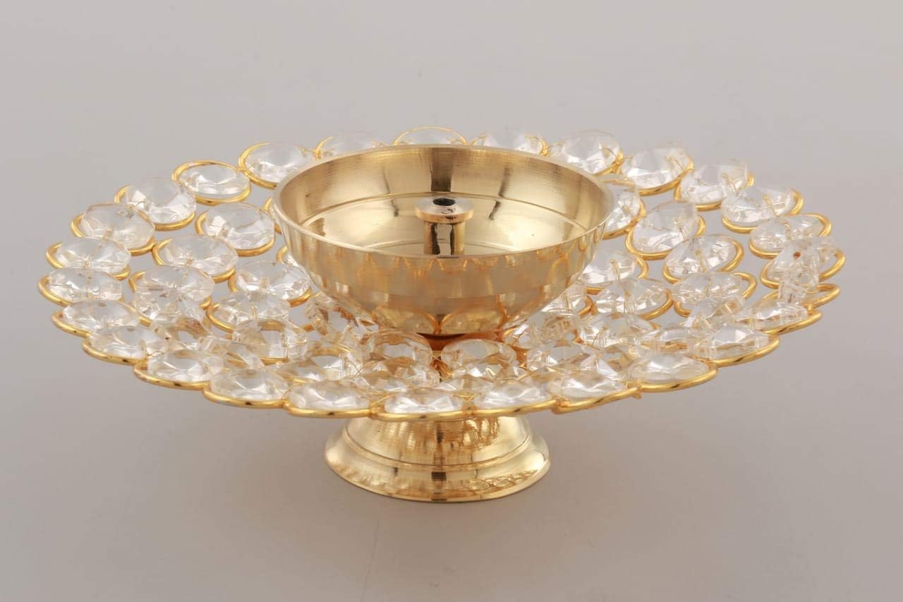 Crystal Akhand Diya Brass Oil Lamp, 3.5 x 1.5 Inches, Gold, Decorative Puja Lamp for Home Small Pack of 2