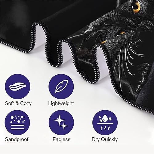 Miniatura 2 de Toalla de playa de gato negro, con temática de animales realistas, microfibra de secado rápido y libre de arena de 36 x 72 pulgadas, para viajes,