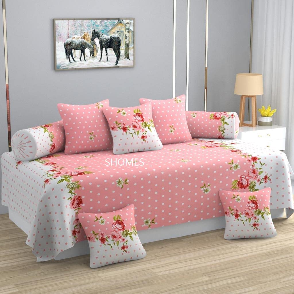 Glace Cotton Floral Printed Diwan Set Covers 8 Pieces - 1 Single Diwan Bed Sheet (60 X 90) with 5 Cushion (16 X 16), 2 Bolster Covers (16 X 32) - Pink-image-8