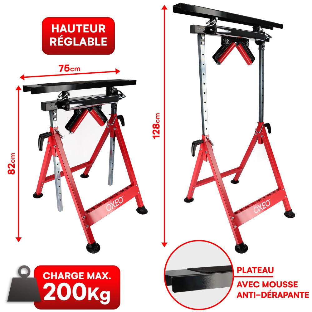 Tréteau multifonction - Servante à rouleaux 4en1 - Fixe antidérapant, rouleaux et à billes - Hauteur réglable - Charge max 200kg