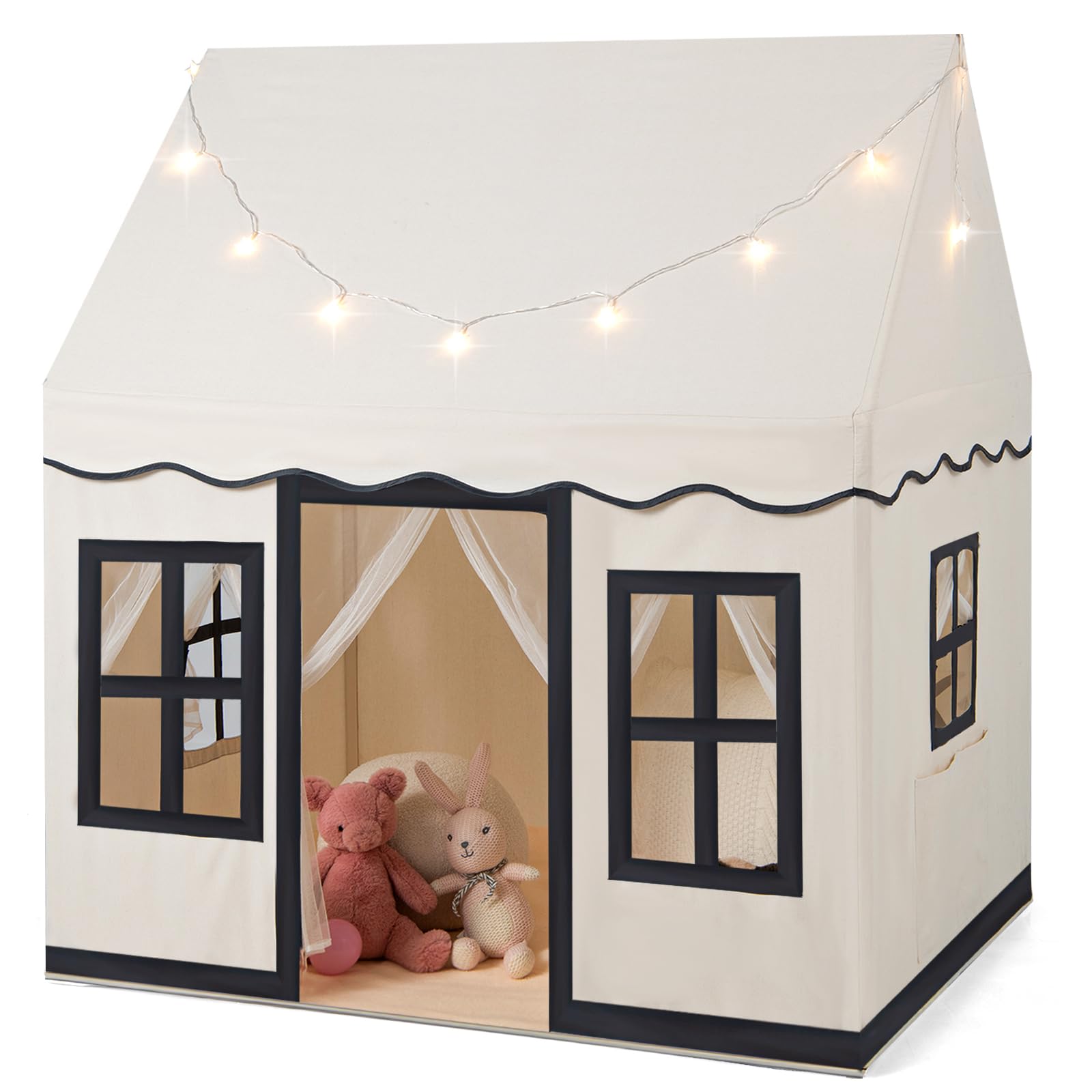 HOMASIS Tenda per Bambini in Cotone, Casa da Gioco per Bambini con Luci Stellari, Borsa per il Trasporto, Tappetino, Regalo per Ragazzi e Ragazze, Tenda da Gioco Interni e Cameretta (Beige+nero)