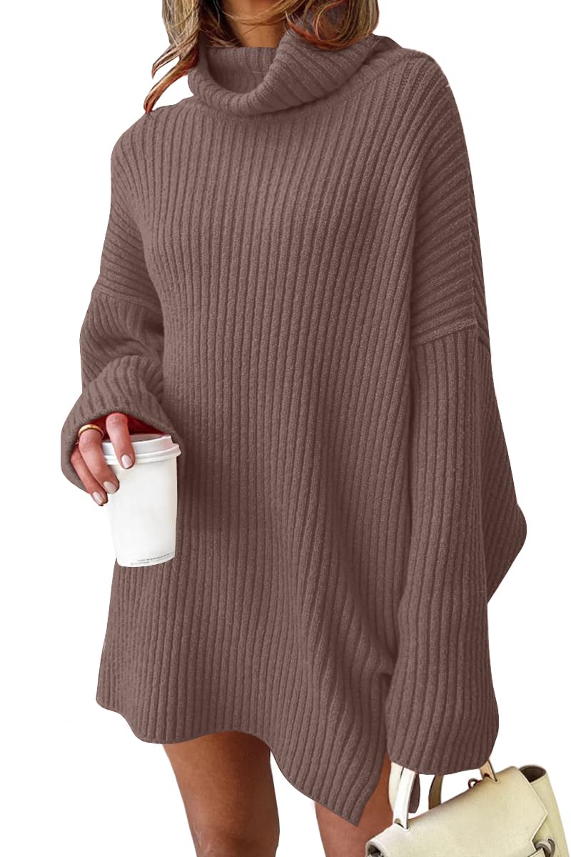 LILLUSORY Womens Turtleneck Oversized Long Sweater Dress 2025 Plus Size Tunic Pullover Knit Winter Dresses Nutmeg XL