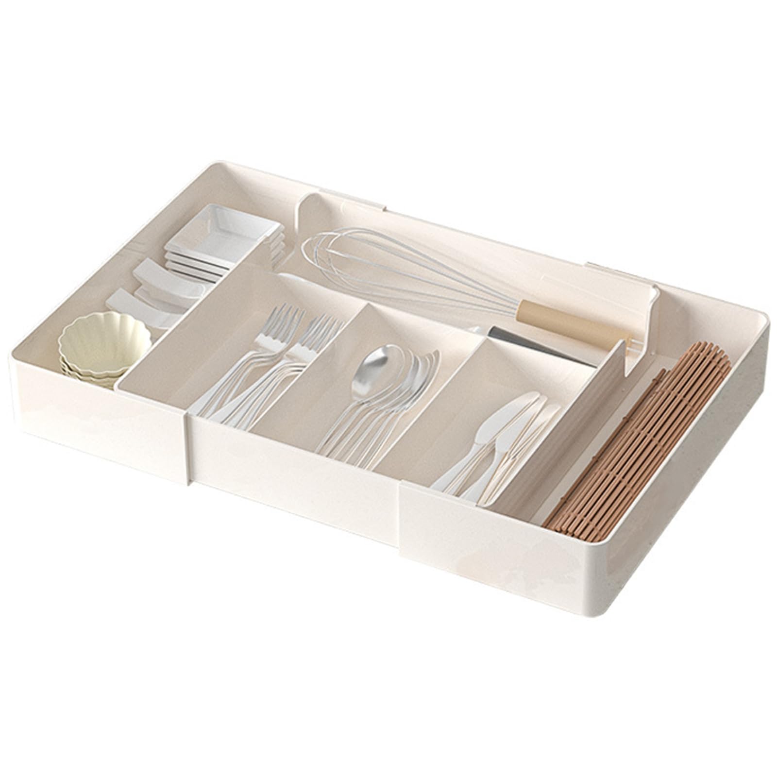 YueXing Cutlery Drawer Organiser - Expandable Kitchen Drawer Storage Organiser, Adjustable Cutlery Tray, Multipurpose Utensil Organisation for Forks, Knive(beige,4 grids, expandable to 6 grids)