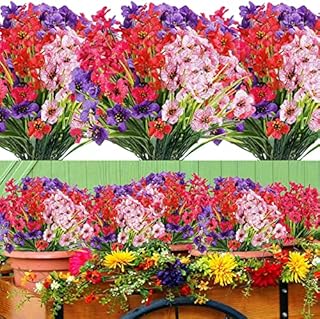 12 Bundles Artificial Flowers Outdoor 4 Colors UV Resistant Fake Flowers No Fade Faux Plastic Plant Silk Flowers for Indoor Outside Hanging Planter Home Garden Porch Patio Window Box Wedding Decor