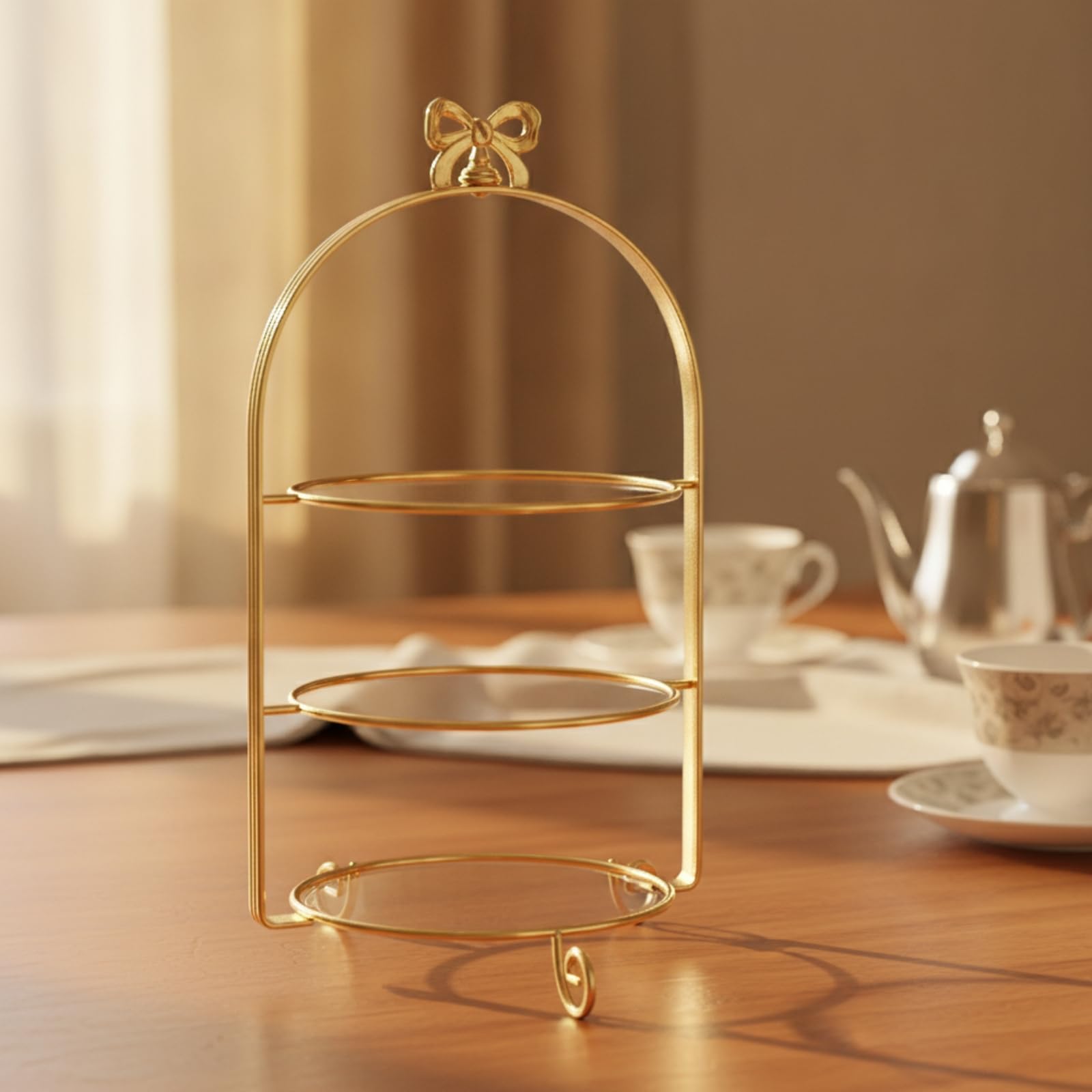 Alzata per Dolci Stand Dessert Espositore Vassoio Centrotavola in Metallo con Tre Ripiani Rotondi Arco Elegante E Piedini Ricurvi Adatta per Buffet Caffè Ricevimenti , Oro , 25 Cm