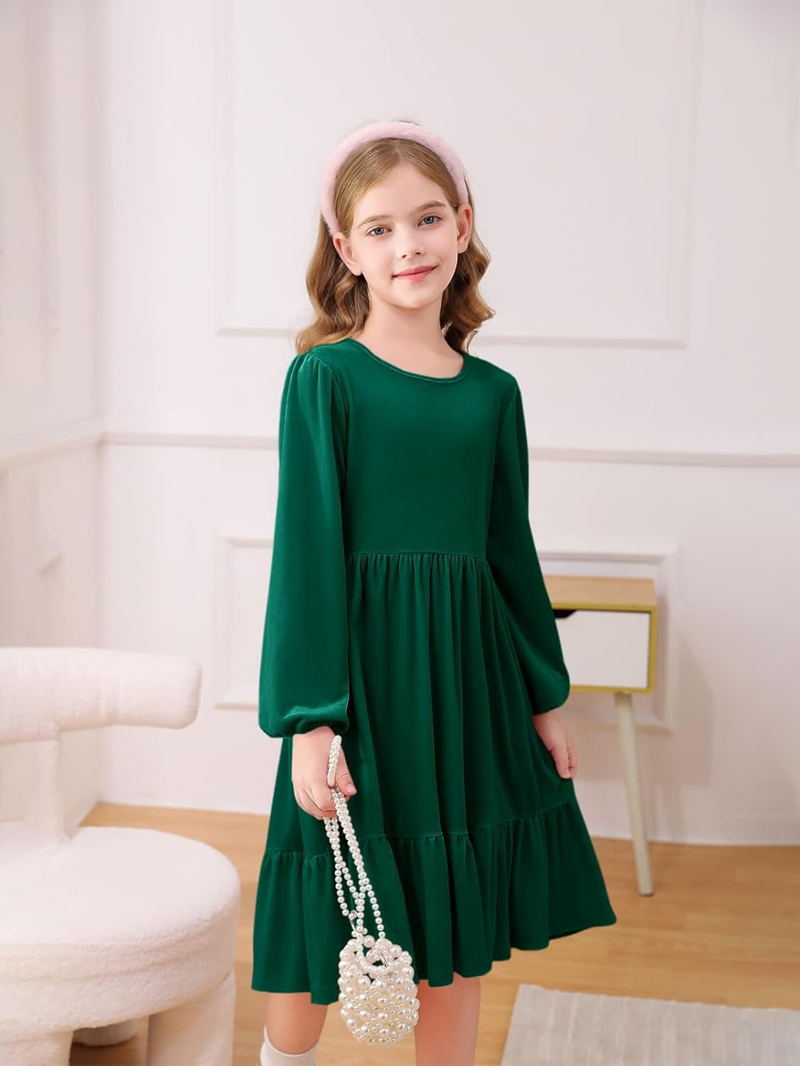 Haloumoning Girls Velvet Dress Long Sleeve Crew Neck A-Line Tiered Elegant Party Holiday Dresses 5-14Y - Image 2