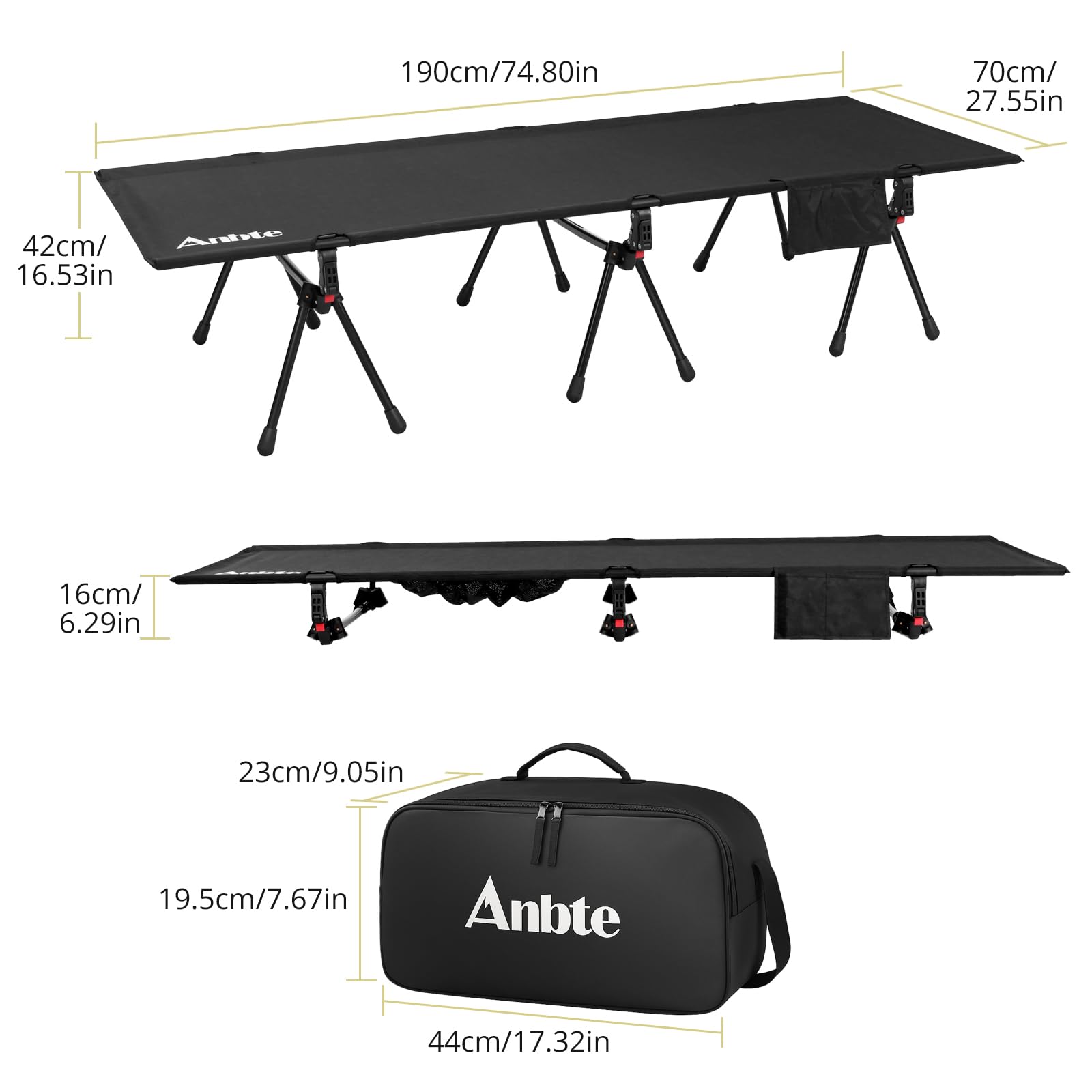 Anbte Lit de Camping Pliable Charge 180 kg 191×70×20 cm, Noir | Tissu 300D Oxford Résistant, Montage Facile, Aluminium 7075 Ultra-léger, Portable avec Sac, pour Camping, Plage, Jardin