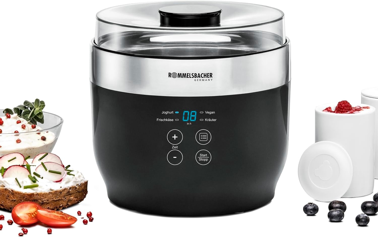 ROMMELSBACHER JG 80 Jona Machine à yaourt et fromage frais avec 4 gobelets en céramique de 125 ml, 2 récipients en verre XXL de 1,2 l, 4 programmes préréglés avec différentes températures