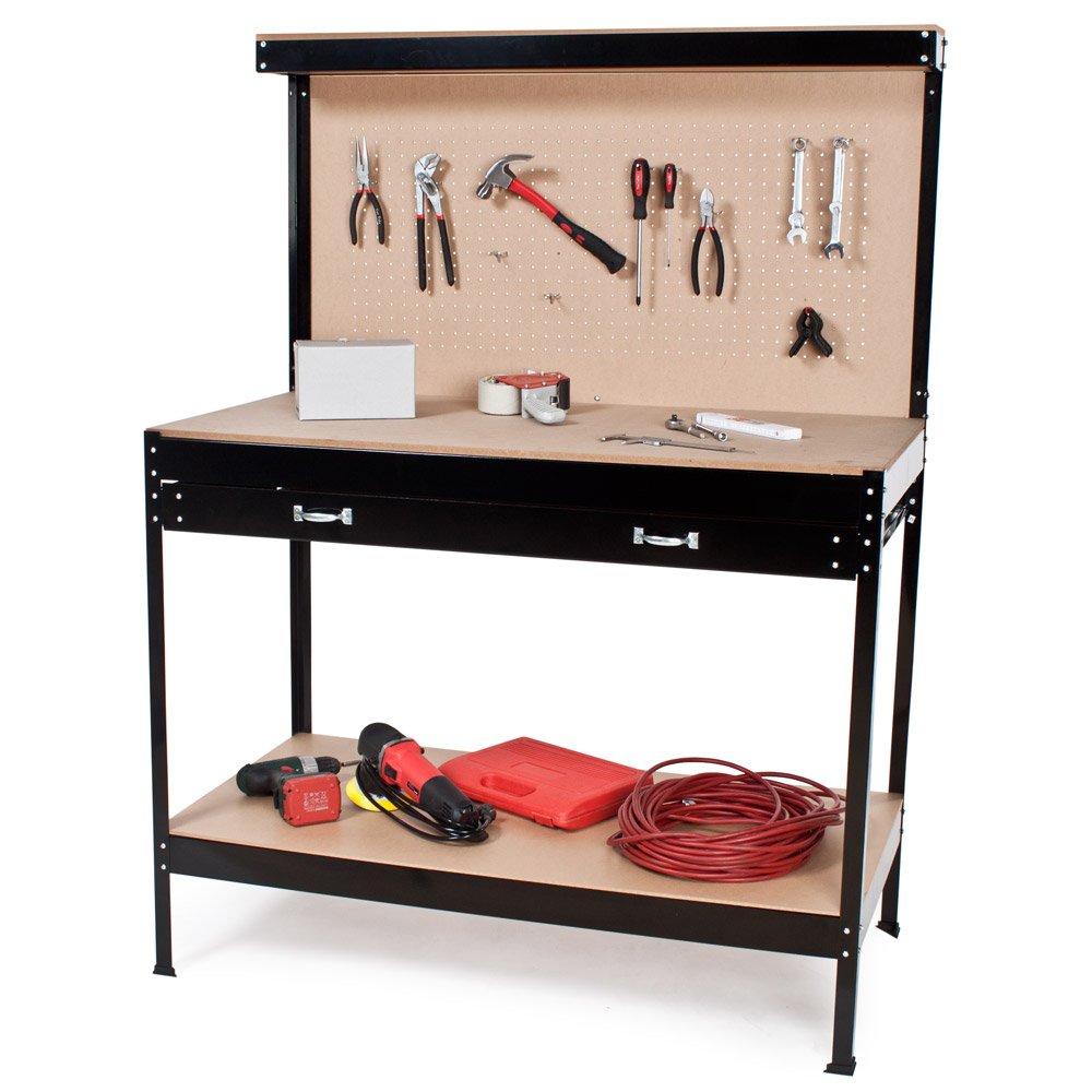 tectake Banco de Trabajo Mesa de Taller 12 Ganchos Panel Herramientas Cajón Grande 120x60x156 cm