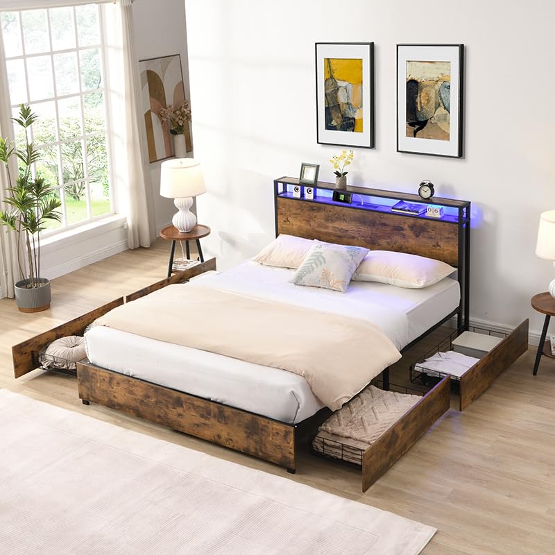 anwickjeff Full Bed Frame,LED Full Bed Frame with Storage Headboard, USB Ports & Charging Outlets, Metal Platform Bed with Storage Drawers, No Box