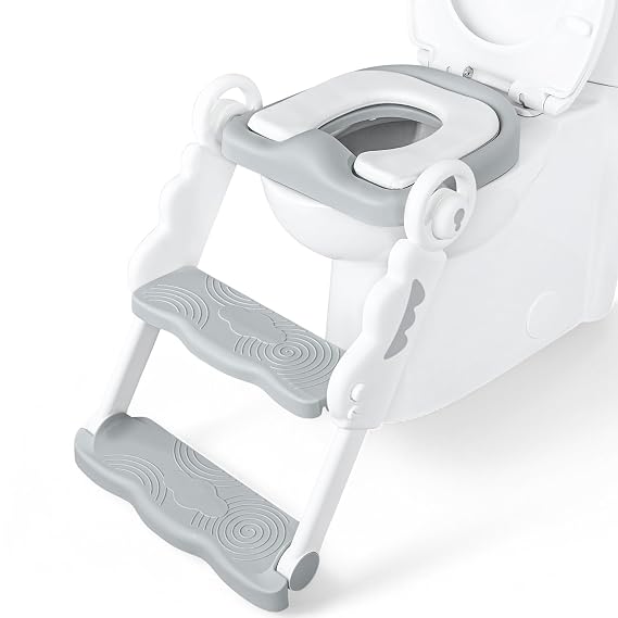 bebeleh Musical & Sound Toddler Potty Training Seat w/Step Stool Ladder - Collapsible & Adjustable Toilet, Pre Assembled Toddler Toilet Seat w/Music & Sounds - Splash Guard & Anti-Slip Steps - Gray2