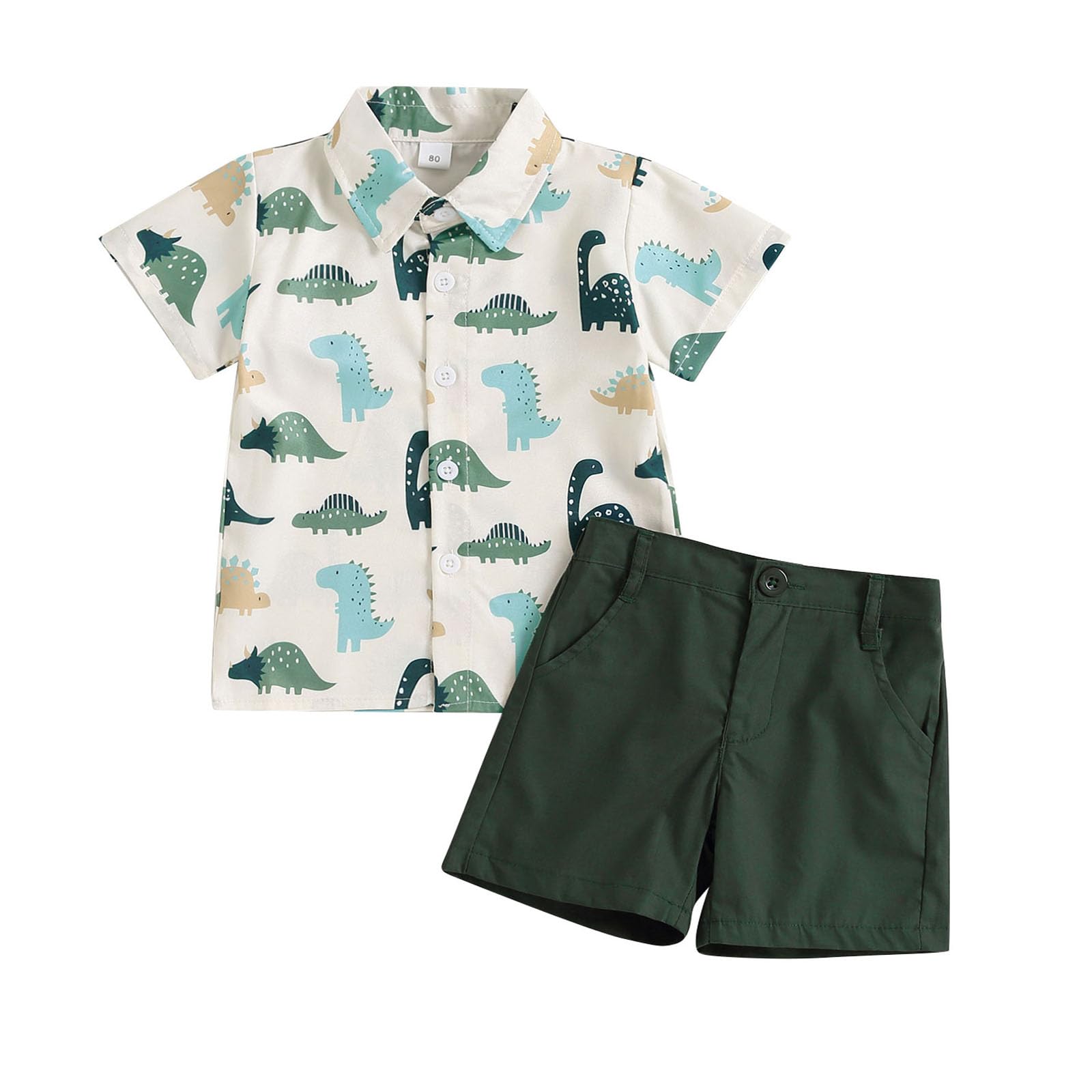 Toddler Boys Dress Clothes Kids Animal Print Button Down Shirt Solid Color Shorts Boys Summer Gentleman Suit Outfit (Dinosaur Green 2, 18-24 Months)