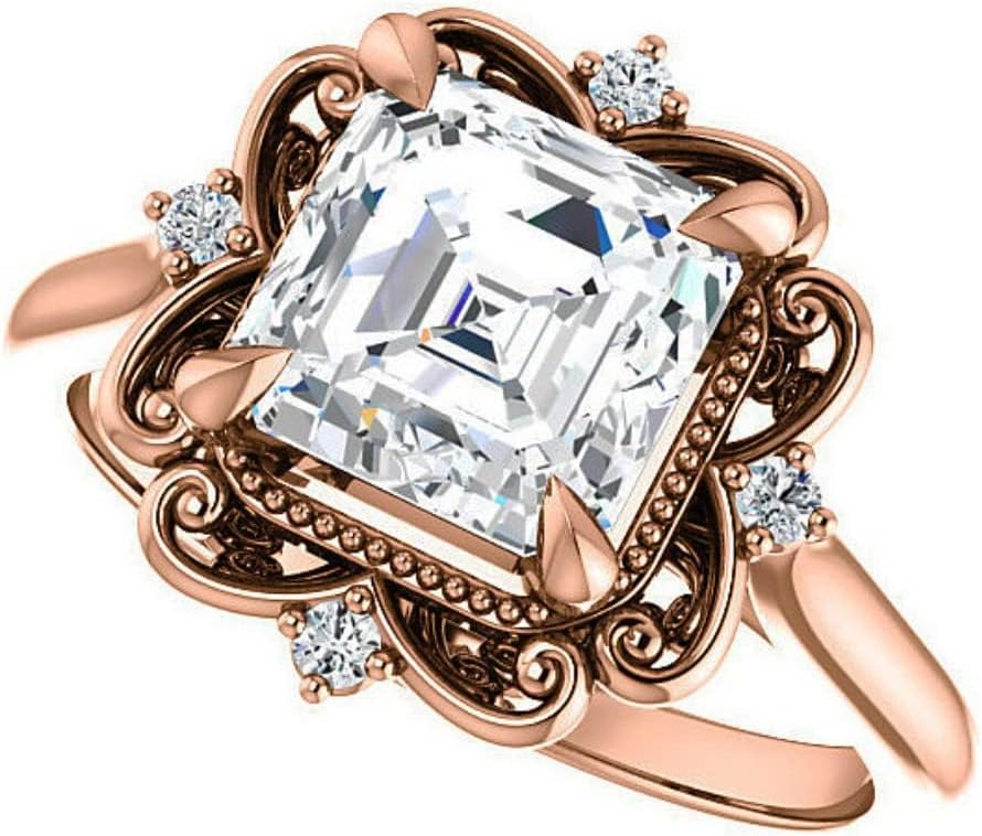 2 CT Asscher Cut Colorless Moissanite Engagement Ring Set Wedding Bridal Ring Set Solitaire 10k 14k 18k Gold Sterling Silver Vintage Antique Anniversary Promise Gift