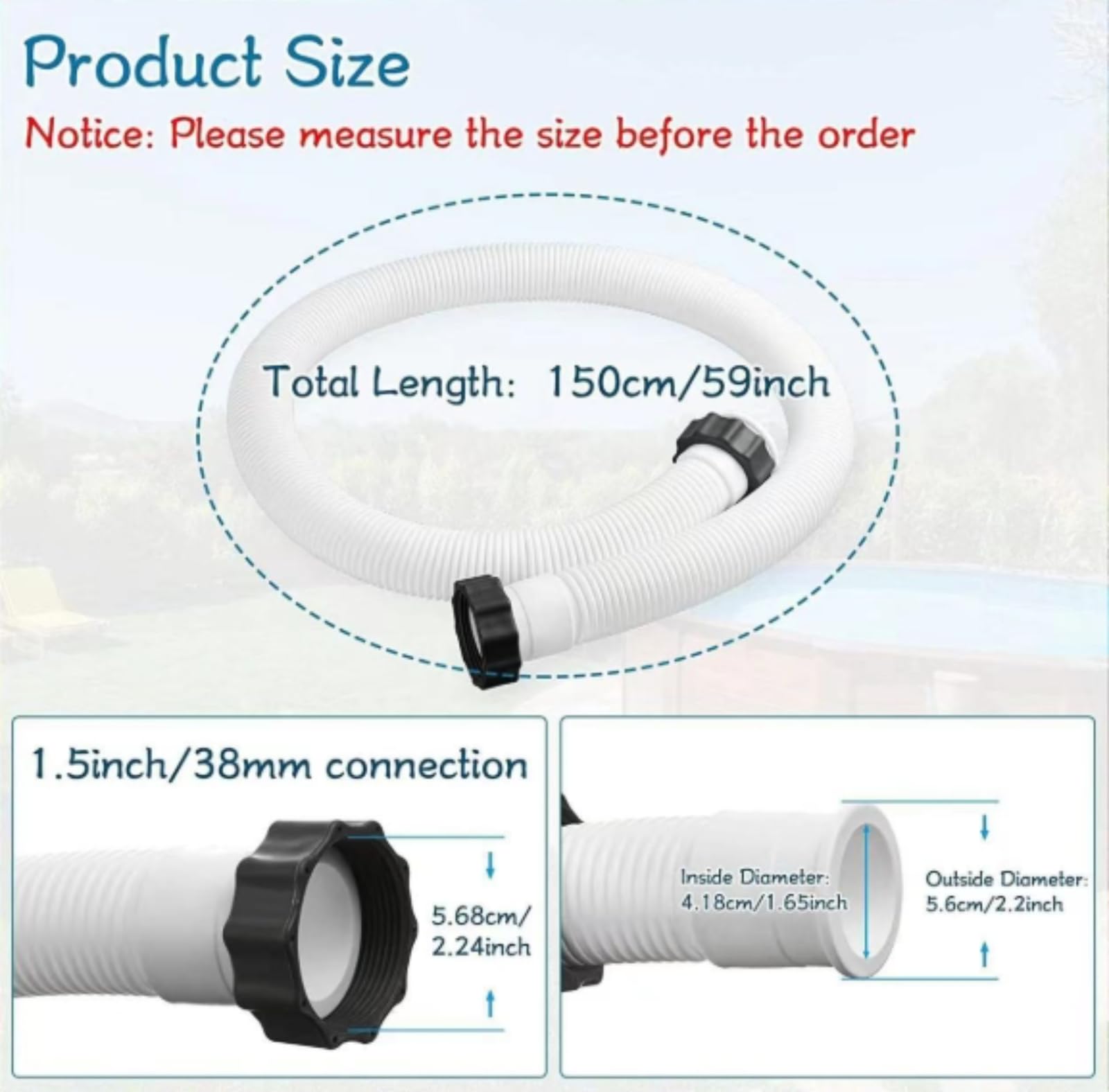 Générique Wąż basenowy 38 mm/150 cm - wąż basenowy elastyczny wąż do pompy basenowej i odkurzacza basenowego - wąż wymienny do basenu, akcesoria do pomp basenowych/filtrów