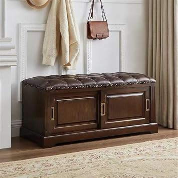 Solid Wood Shoe Changing Bench, Walnut Shoe Cabinet with Storage, Shoe Rack with Leather Padded, Shoe Bench with Slide Door, Shoe Storage for Front Door Entryway120cm47.3in