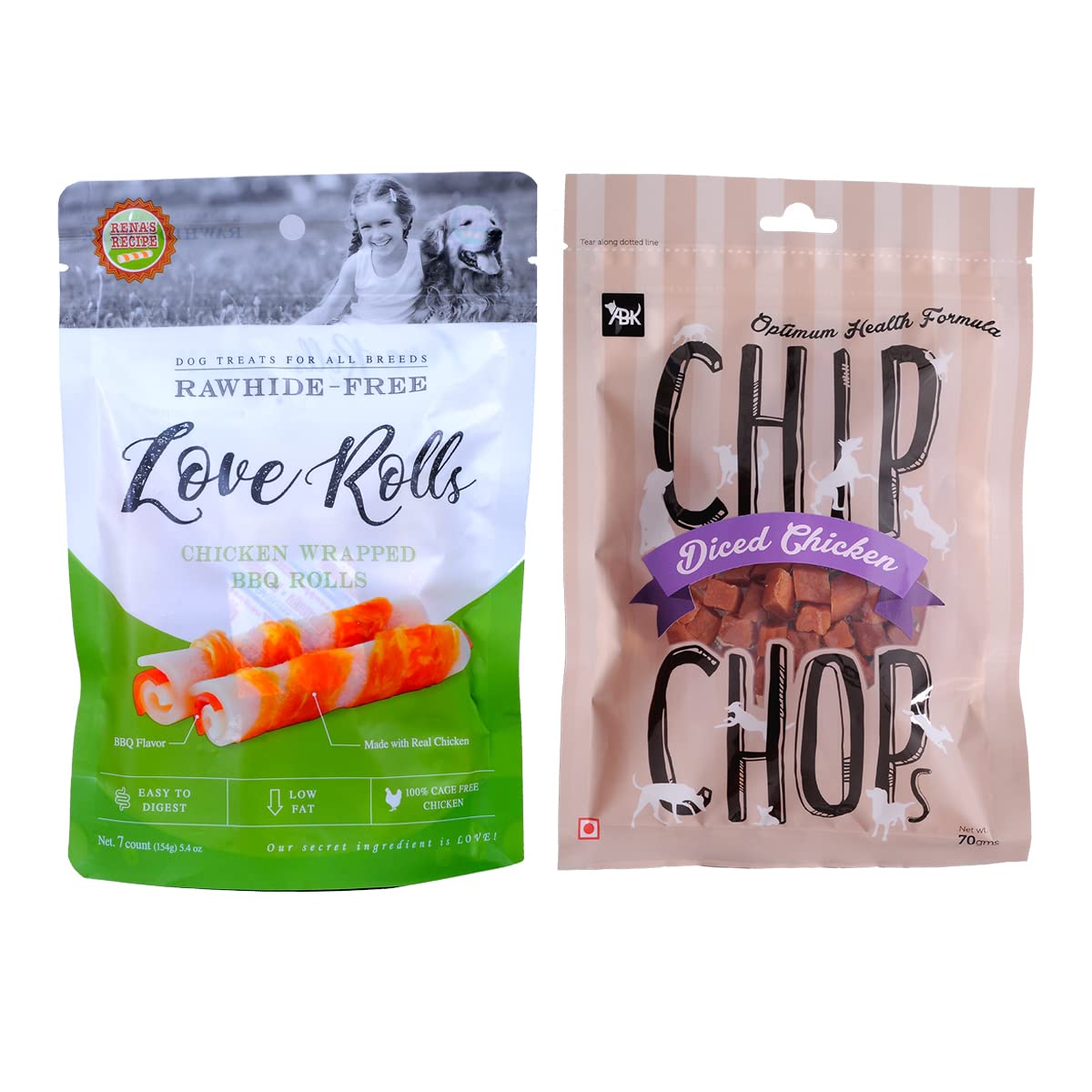 Pet Snacks Combo - Chip Chops Diced Chicken (70gm) & Renas Love Roll Chicken Wrapped BBQ Rolls Flavor (7 pc) (B08P3KGXVP) Amazon Price History, Amazon Price Tracker
