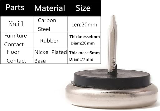 Dia Nail On Furniture Glides for Chairs, Tables - Furnigear Nickel Base Cushioned Furniture Nails - Allowing Chairs to Glide Effortlessly Over Carpet Floors (1-1/8, 20 Pack-Silver Gray)