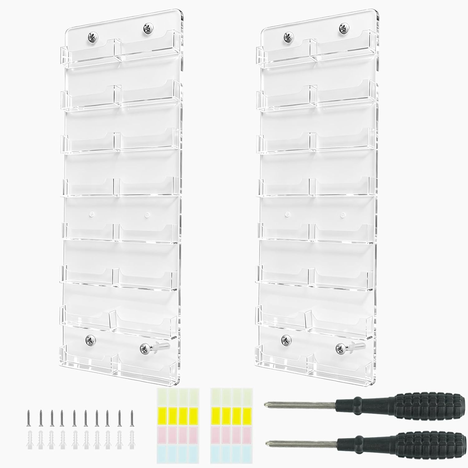 2 Pcs Acrylic Business Card Holder with Pre Drilled 23 x 8 inches Multiple Transparent Wall Mount Sticker Organizer Display Stand for Office Home Index Card Storage (16 Pockets)