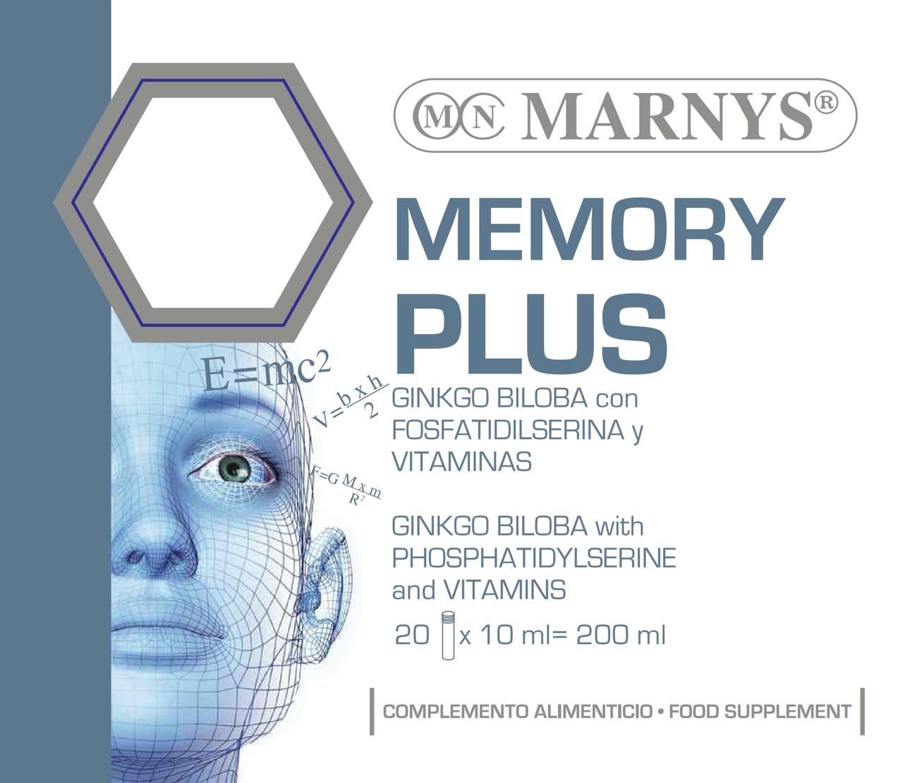 MARNYS Memory Plus Drinkable Vials, Pack of 20, Ginkgo Biloba + B Vitamins Food Supplement to Support Concentration, Mental Performance & Reduce Tiredness for Students & Adults
