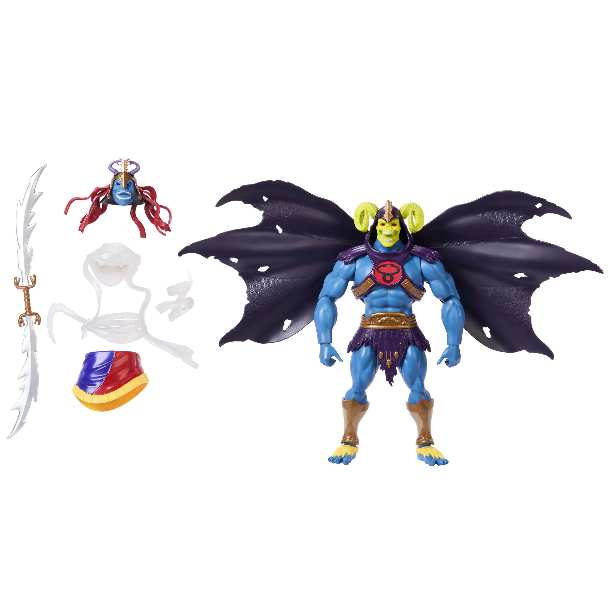 Masters of the Universe Origins x ThunderCats - Skell-Ra, action figure snodabile anni '80, con spada, mantello, armatura e teste intercambiabili, giocattolo per bambini, 6+ anni, JFX01