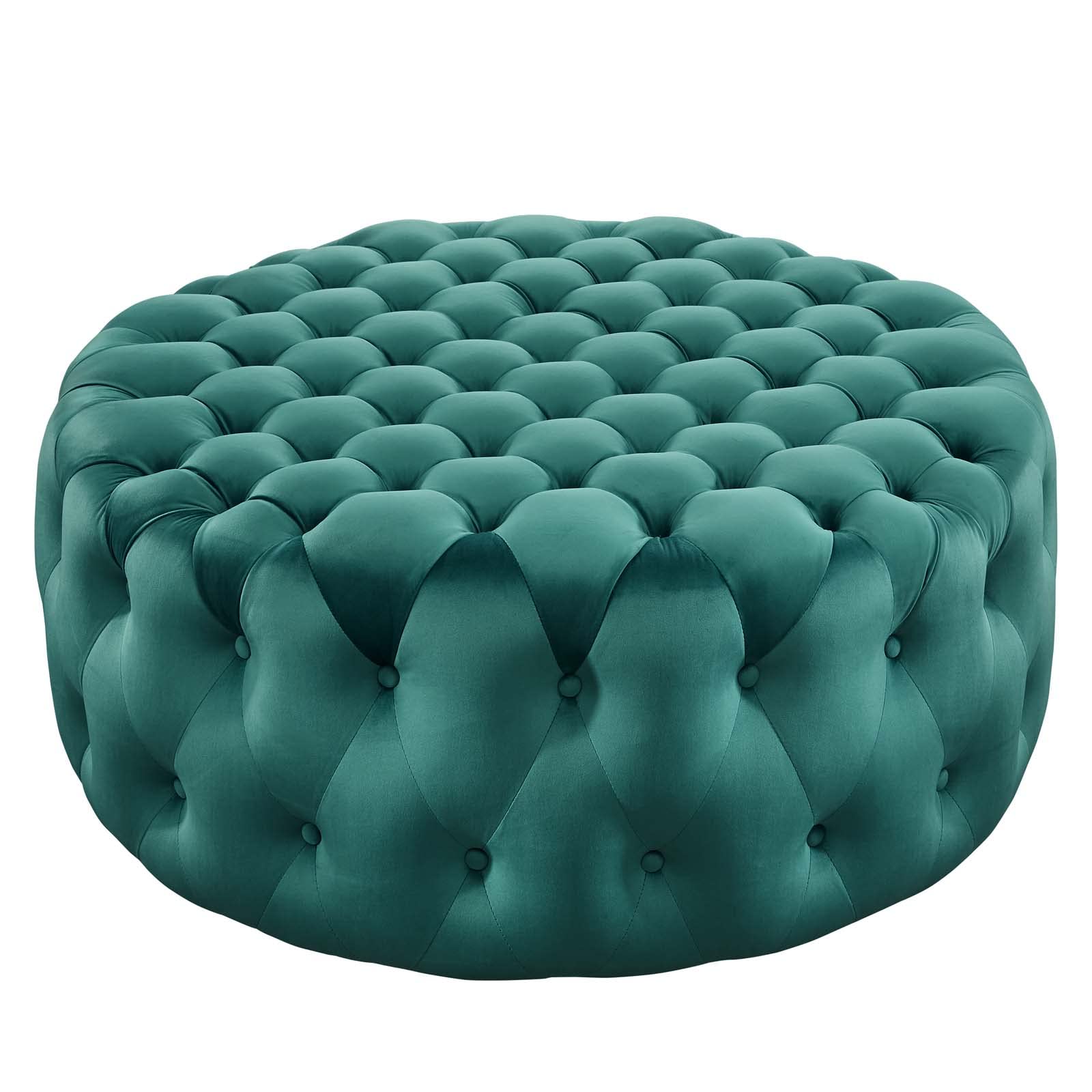 Modway Amour Tufted Button Large Round Performance Velvet Ottoman in Teal
