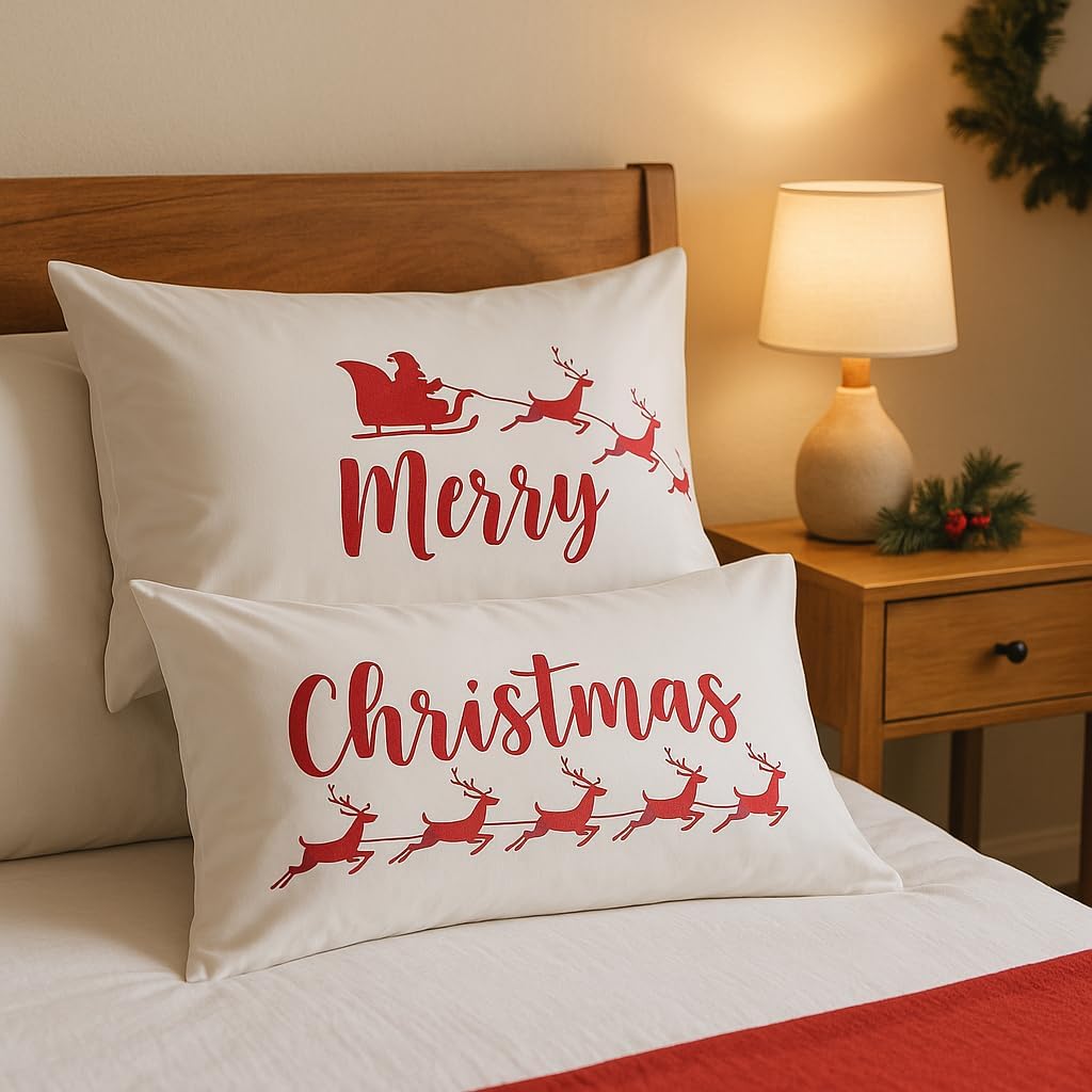 C&F Home Merry Christmas Santa Sleigh & Reindeer Cotton Blend Set of 2 Pillowcases 20" x 30" Xmas Festive Winter Holidays Home Bed Bedroom Machine Washable Pillow Case Decor Decoration 20" x 30"
