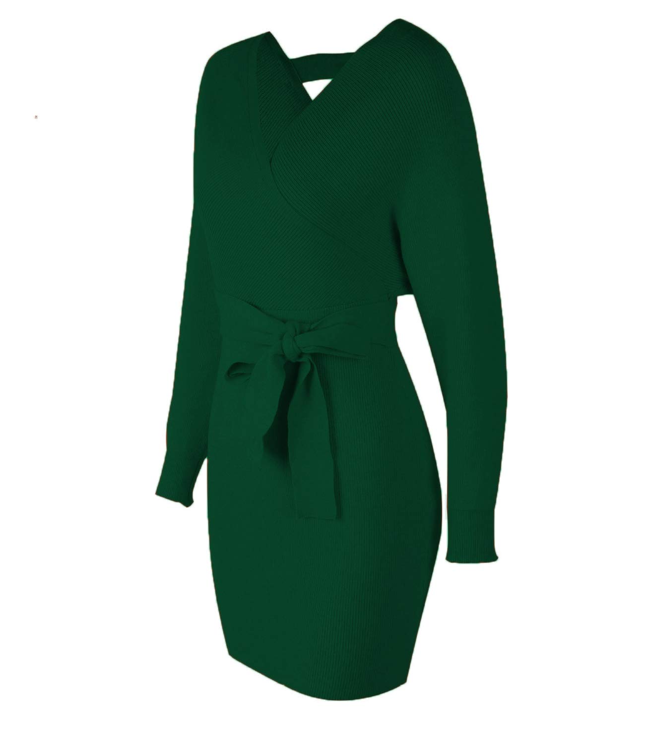 Mansy Women's Sexy Cocktail Batwing Long Sleeve Backless Mock Wrap Knit Sweater Mini Dress