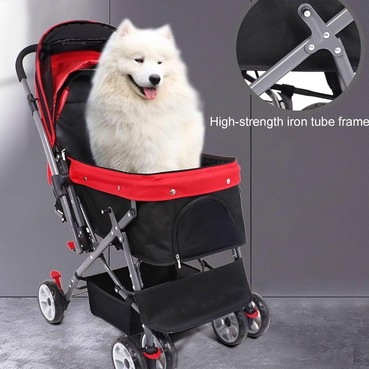 ZJYIGOWL 4 Wheels Pet Stroller Dog Cat Stroller for Medium Small Dog Cats Up to 50lbs, Foldable Carrier Jogger Travel Puppy Stroller(Red)