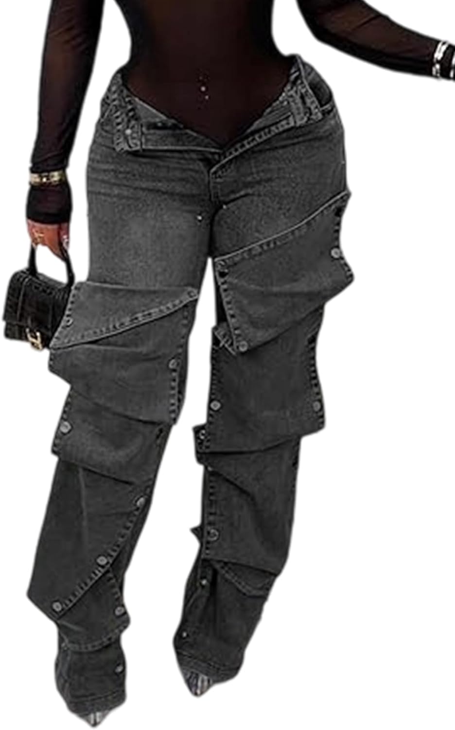 LETSVDO Women's High Waisted Cargo Jeans Straight Wide Leg Baggy Detachable Patchwork Asymmetrical Stretch Denim Pants