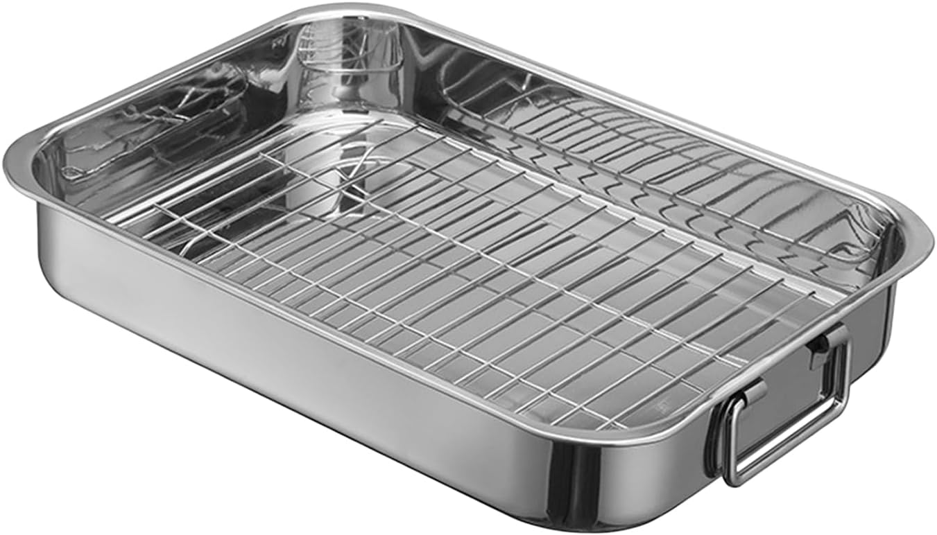 Roasting Tray, 16.54x12.6x2.56 Inch Stainless Steel Deep Baking Pan, Heavy Duty Oven Supplies with Rack for Meat, Roasts, Poultry, Holiday Cooking