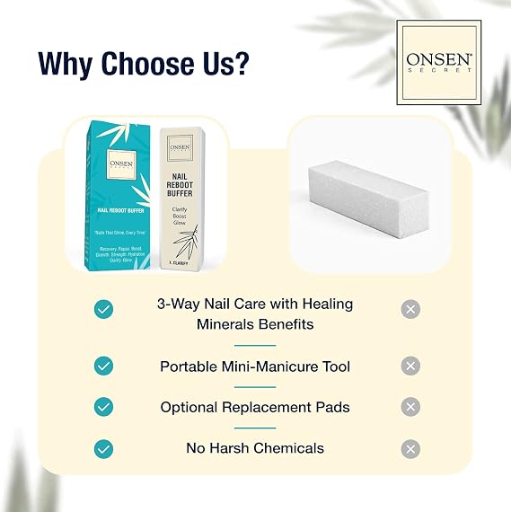 Onsen Secret Professional Nail Buffer Block | 4-Way Buffing for Natural Shine & Healthy Natural Nails - Includes 2 Extra Shine Pads, Salon-Quality, Post-Gel & Acrylic Recovery | 1 Pack