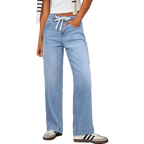 Sidefeel Women's Wide Leg Jeans High Waisted Stretchy Straight Leg Baggy Drawstring Zimbaplatinum Denim Pants