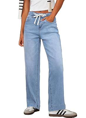 Sidefeel Women's Wide Leg Jeans High Waisted Stretchy Straight Leg Baggy Drawstring Zimbaplatinum Denim Pants