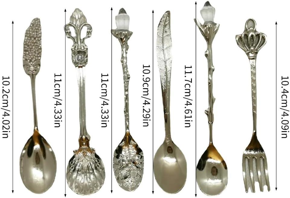 Tea Spoons – 6 Piece Vintage Flatware Set, Metal Forks and Spoons with Antique Finish, Dishwasher Safe, for Coffee Dessert Afternoon Tea, Unique Kitchen Accessories (Gold, Silver, Bronze) image 4