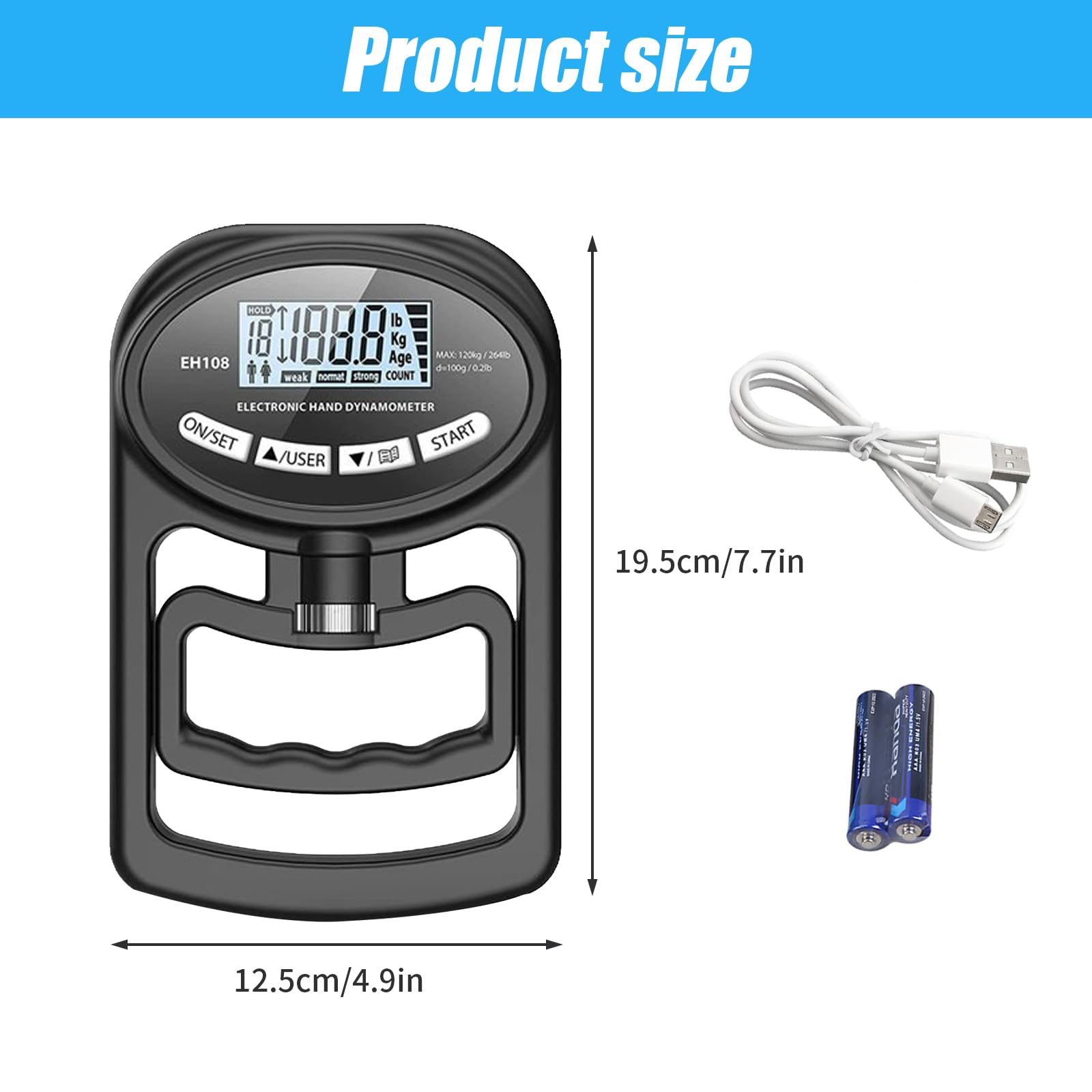Medidor digital de mano de 264 lb/120 kg, dinamómetro digital de mano, medidor de fuerza de agarre electrónico, medición de fuerza de agarre con pantalla LED (negro)