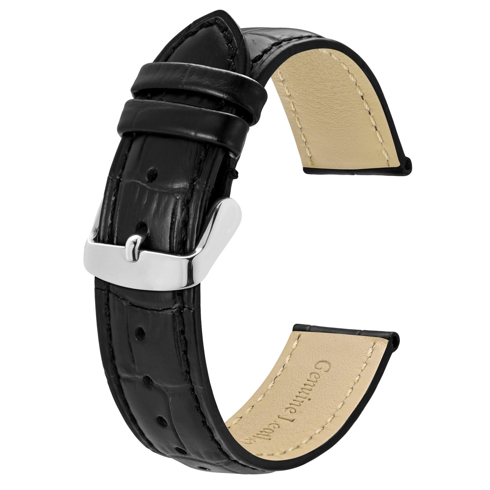 [BISONSTRAP] レザー時計バンド 20mm 本革腕時計ベルト クロコ型押し替えべると ブラック