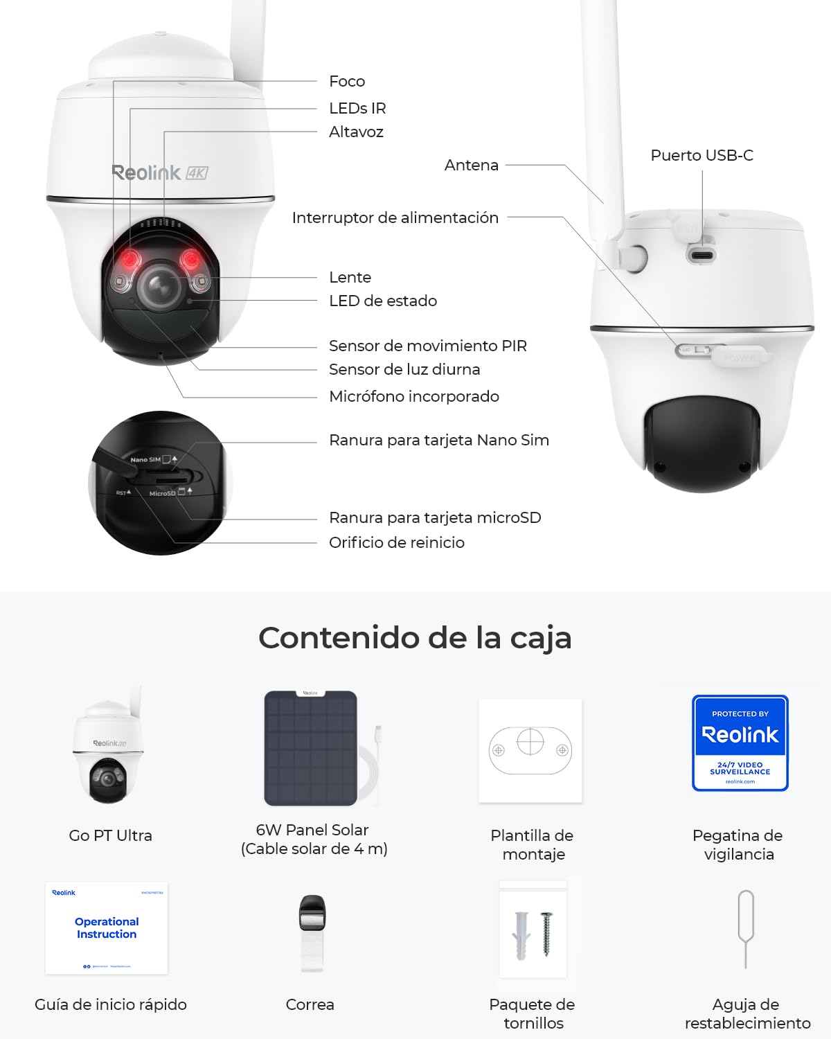 Reolink 4K 8MP Cámara Inalámbrica de Exteriores con Batería, 3G/4G LTE, 360° PTZ, Visión Nocturna en Color, Detección Smart, Audio Bidireccional, Fácil Instalación, Go PT Ultra + Panel Solar + 32GB SD