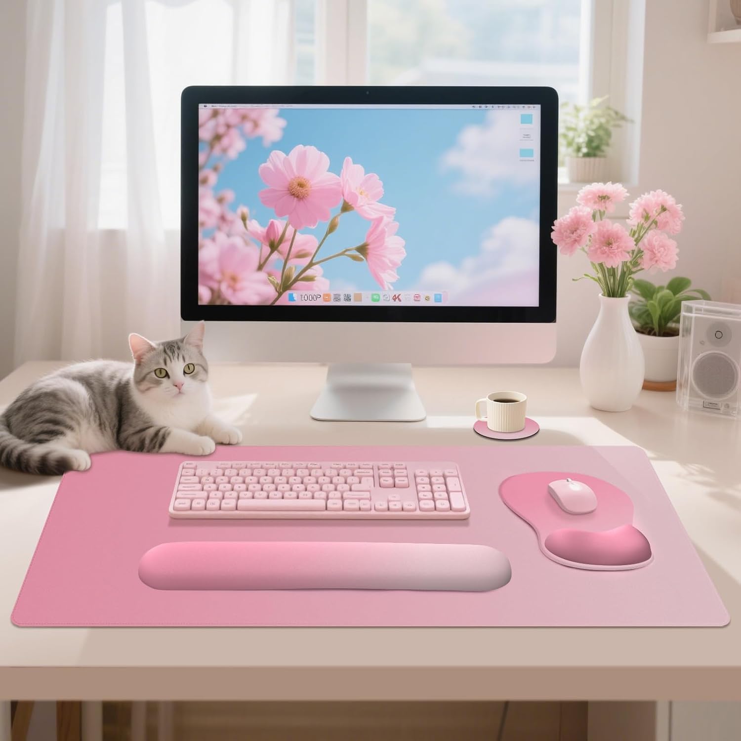 4-in-1 Large Gaming Mouse Pad, Keyboard Wrist Rest Pad & Wrist Support Mousepad Set, Extended Desk Pad Waterproof Desk Mat for Home Office Decor Study Game 35.4×15.7 Inches I Gradient Pink Blush