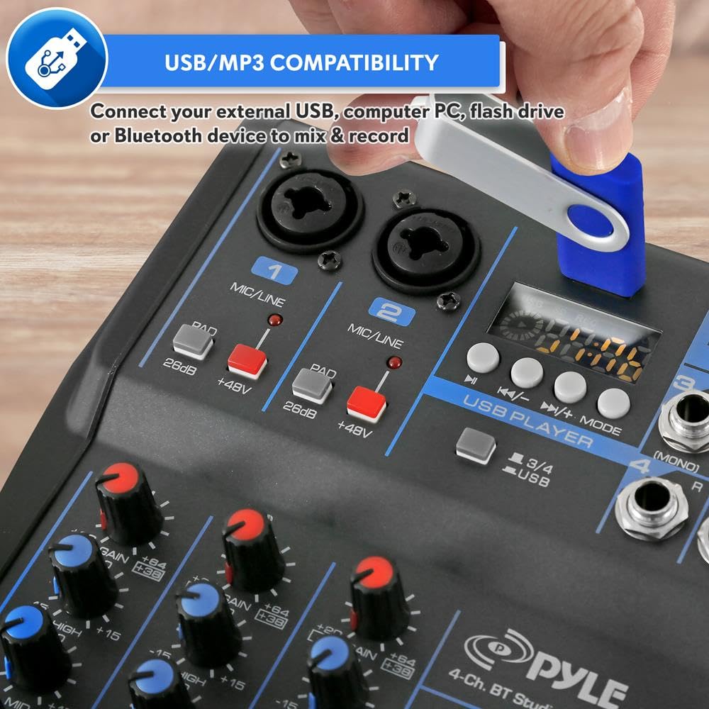 Mezclador de audio profesional con placa de sonido, interfaz de sistema de consola de 4 canales, digital, USB, Bluetooth, MP3, entrada de computadora, 48 V, Phantom Power, estéreo, DJ, Studio