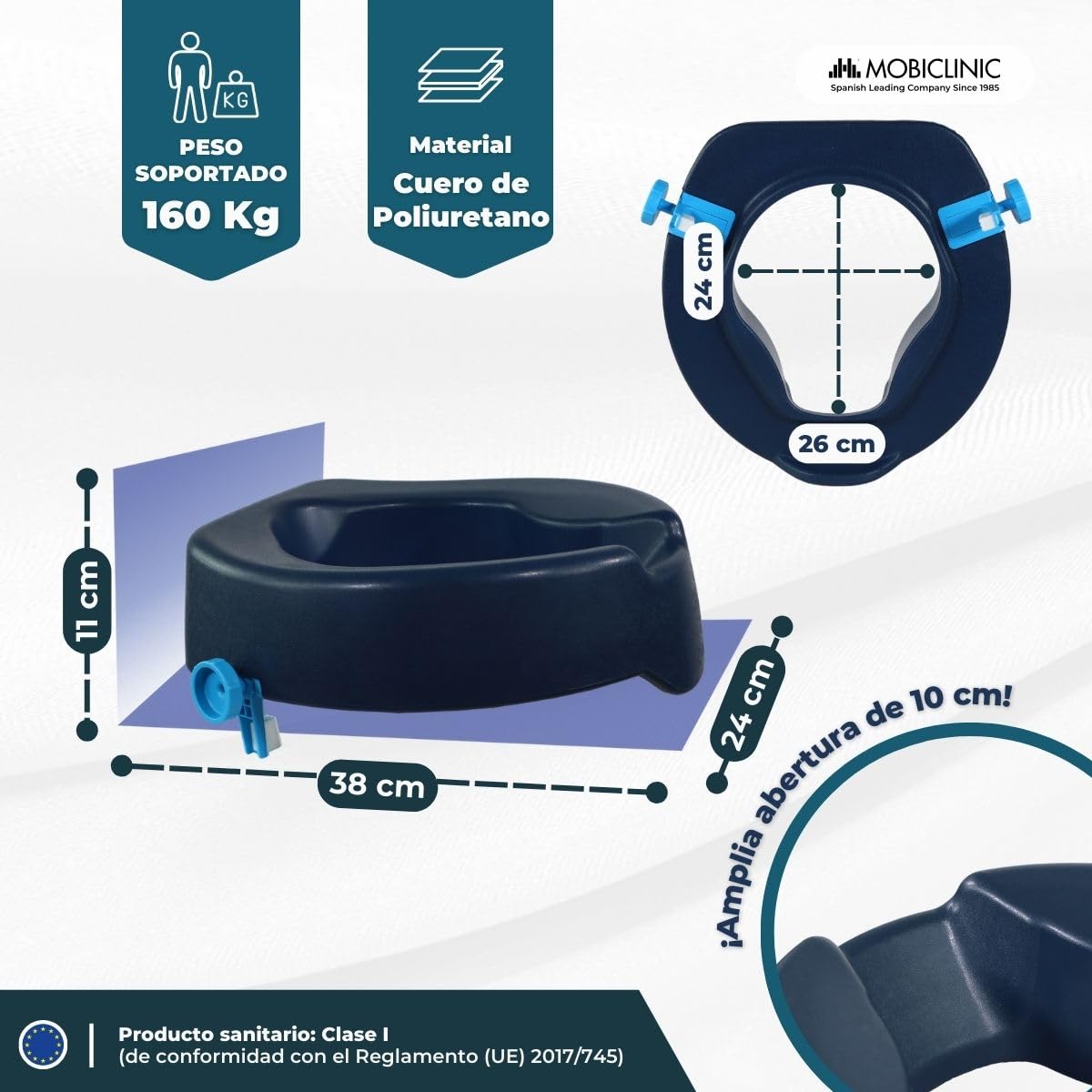 Mobiclinic, Elevador wc, Blando. río, 11 cm, Marca española, Adulto, Alza, Ajustable, Blando cómodo, Fácil instalación sin herramientas, Azul