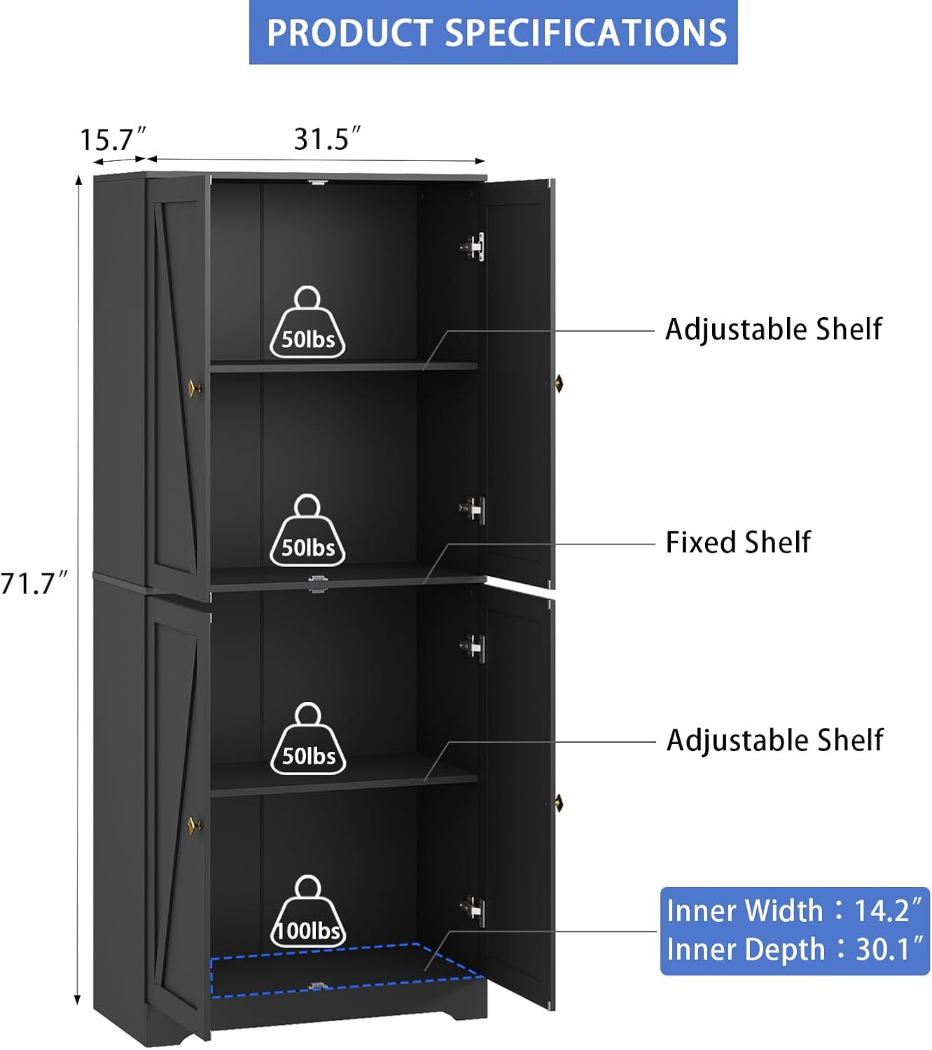 CARPETNAL 72" Tall Black Pantry Cabinet with Adjustable Shelves, Farmhouse Wooden Storage Cabinet with 4 Barn Doors & Square Knobs, Freestanding Kitchen Pantry for Dining Room, Living Room, Black