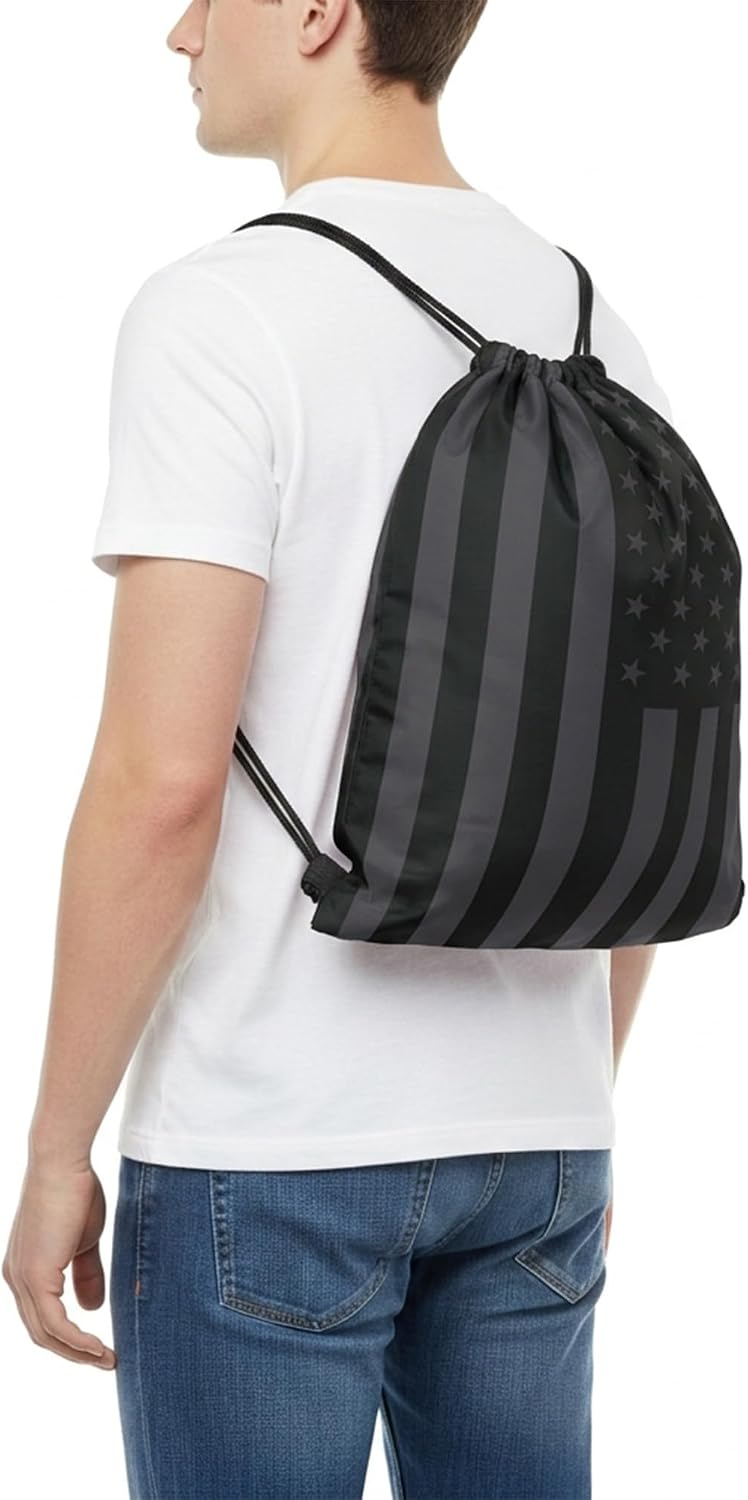 Black American Flag Drawstring Backpack Nylon, Lightweight Cinch String Sports Sackpack for Men & Women,pack of 2