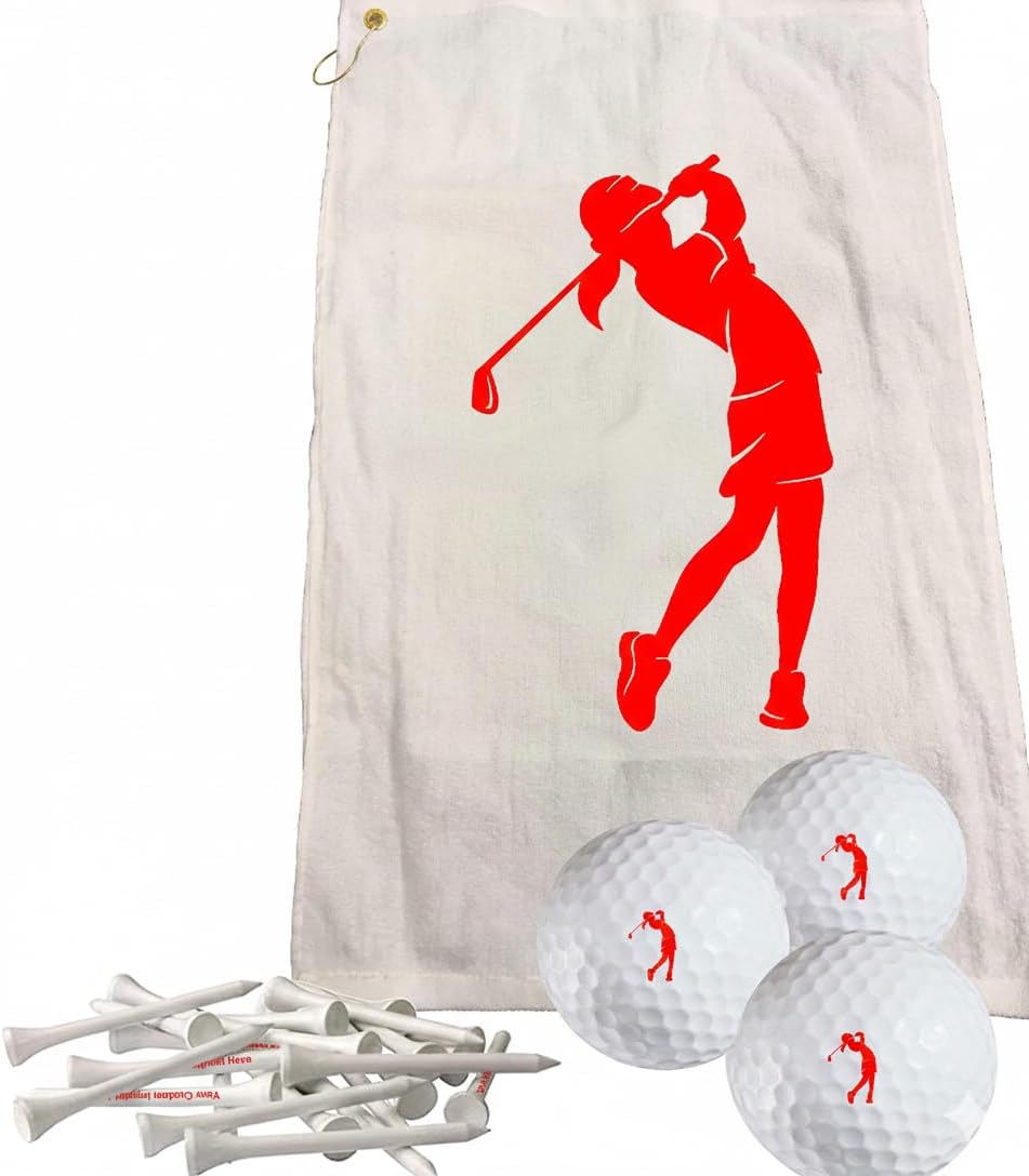Personalized Golf Towel Set, 16 x 26 Inch Lady Towel Gift Set for Women with 3 Custom Balls and 15 Wooden Tees, Golf Accessories for Women, Red, Gift Ready Packaging