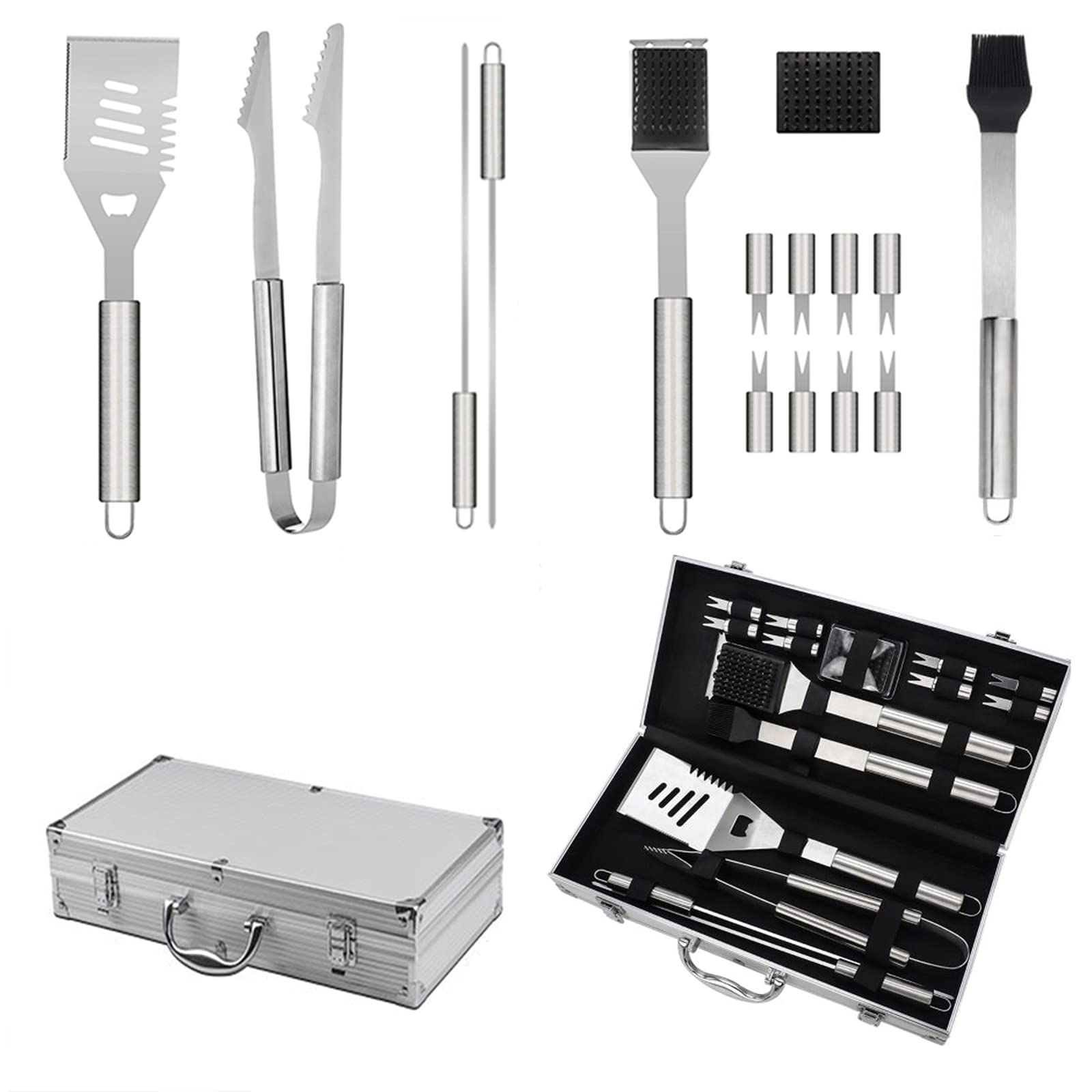 Attrezzi per Barbecue 16 Pezzi in Acciaio Inox Barbecue Grill Set Accessori Kit con Scatola di immagazzinaggio in Alluminio per Campeggio all'aperto Famiglia Picnic Festa Festa del papà