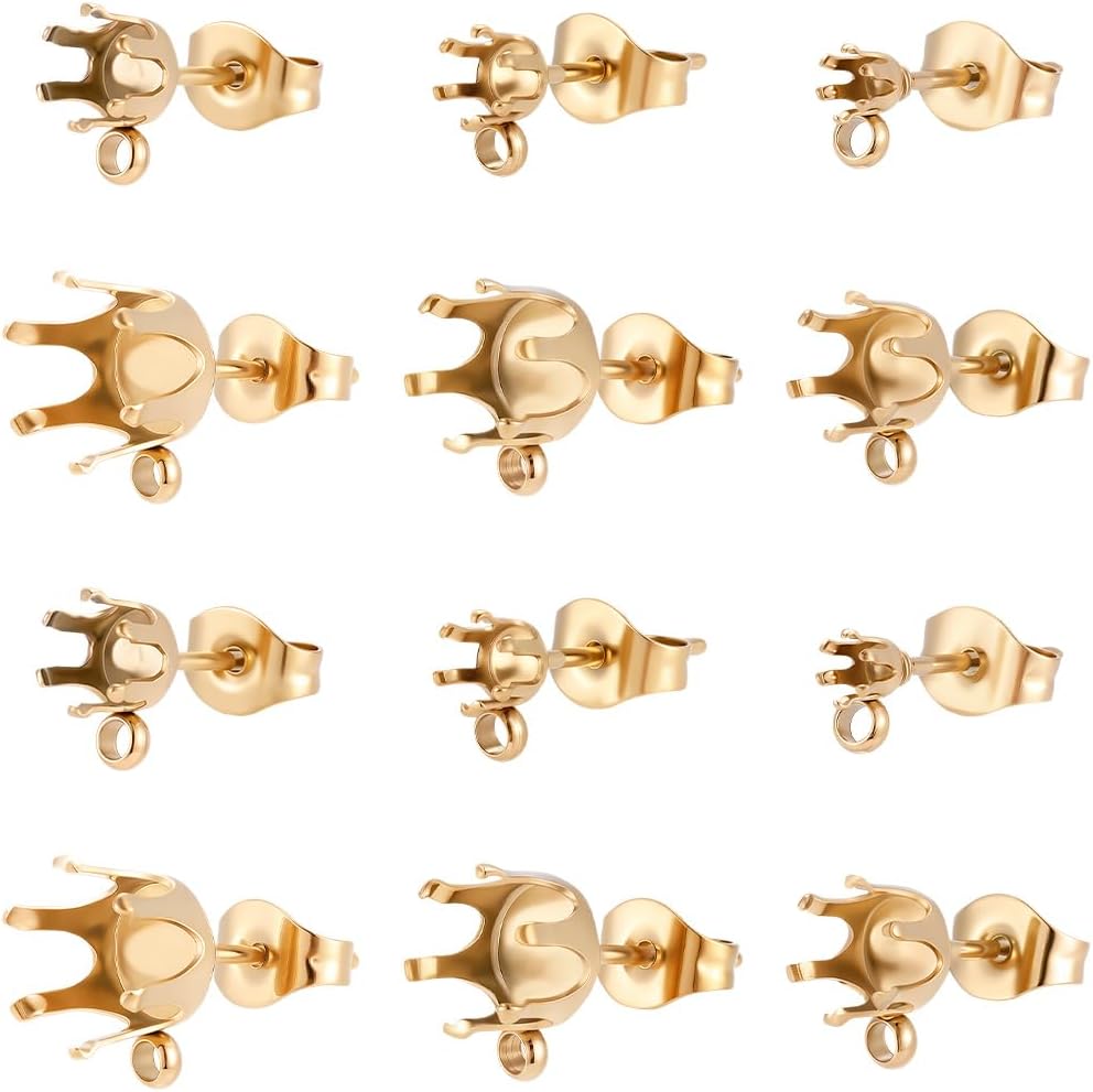 Beebeecraft 1 Box 48Pcs Prong Earring Settings 18K Gold 304 Stainless Steel Brass 6 Styles Rhinestone Claw Blanks Earring Post Stud Earring Settings for Jewelry Making Adults DIY Crafts