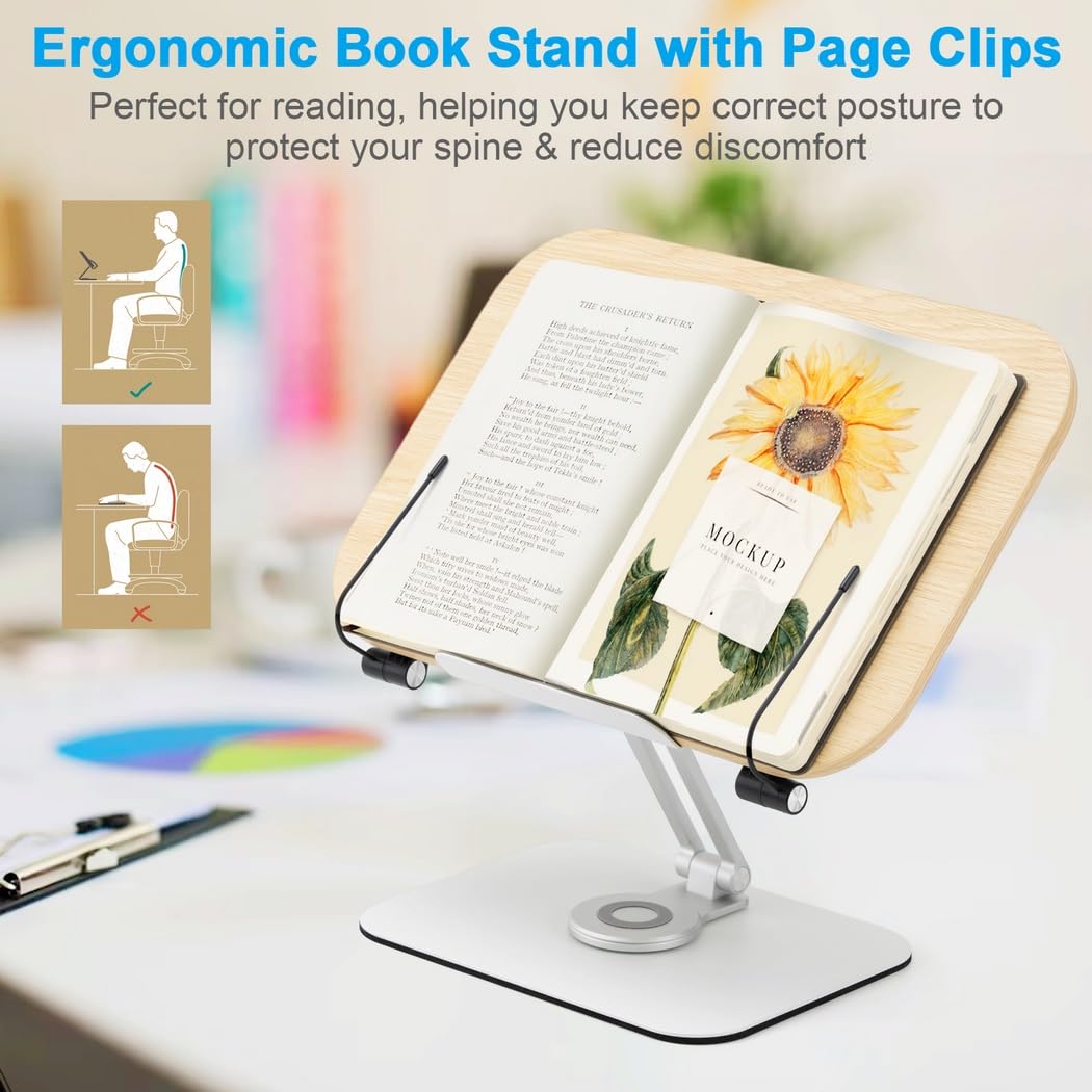 Support de livre pour lecture, hauteur et angle réglables, support de lecture ergonomique pliable avec pinces à pages, support en alliage d'aluminium pour manuel, recettes, partitions, tablette