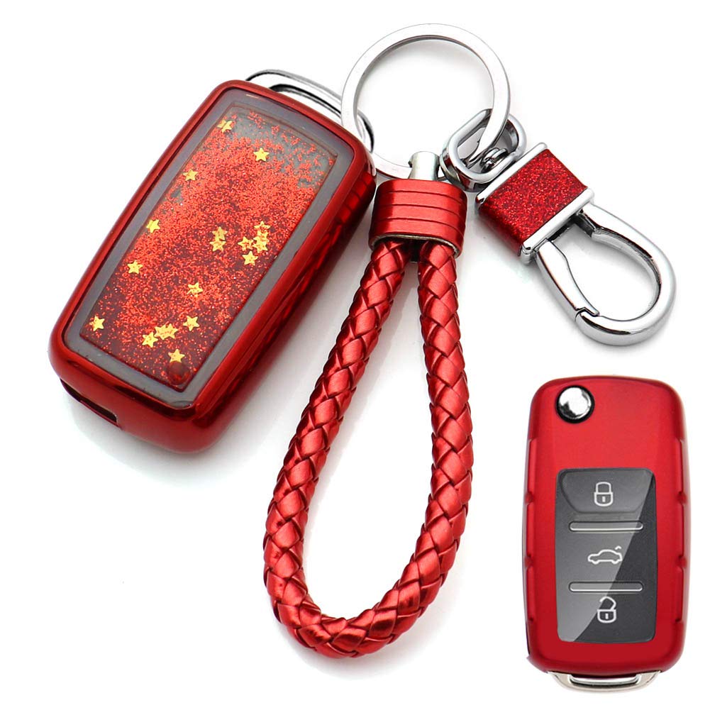 Quicksand Key Fob Cover Keychain for VW Volkswagen Beetle Jetta Tiguan Passat Golf Bora Polo Skoda (Red)