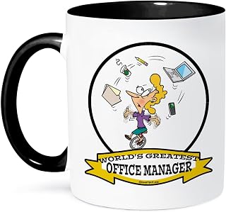 3dRose Funny Worlds Greatest Office Manager Occupation Job Cartoon 11oz Two-Tone Black Mug